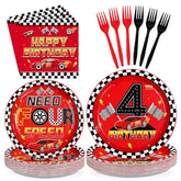 96 Pcs Red Race Car 4th Birthday Party Plates and Napkins - Grencian