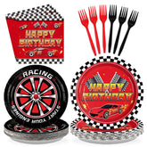96 Pcs Red Race Car Birthday Party Plates and Napkins - Grencian
