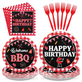 96 Pcs Red and Black BBQ Party Plates and Napkins - Grencian