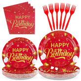 96 Pcs Red and Gold Birthday Party Plates and Napkins - Grencian