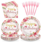 96 Pcs Rose Floral Birthday Party Plates and Napkins - Grencian