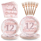 96 Pcs Rose Gold 12th Birthday Party Plates and Napkins - Grencian