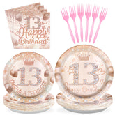 96 Pcs Rose Gold 13th Birthday Party Plates and Napkins - Grencian