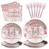 96 Pcs Rose Gold 14th Birthday Party Plates and Napkins - Grencian