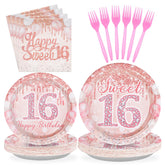 96 Pcs Rose Gold 16th Birthday Party Plates and Napkins - Grencian