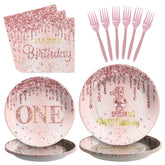 96 Pcs Rose Gold 1st Birthday Party Plates and Napkins - Grencian