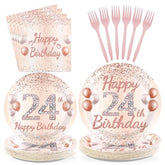 96 Pcs Rose Gold 24th Birthday Party Plates and Napkins - Grencian