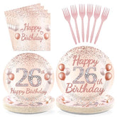 96 Pcs Rose Gold 26th Birthday Party Plates and Napkins - Grencian