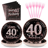 96 Pcs Rose Gold 40th Birthday Party Plates and Napkins - Grencian