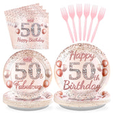 96 Pcs Rose Gold 50th Birthday Party Plates and Napkins - Grencian