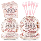 96 Pcs Rose Gold 80th Birthday Party Plates and Napkins - Grencian