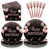 96 Pcs Rose Gold Birthday Party Plates and Napkins - Grencian