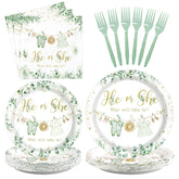 96 Pcs Sage Leaf Gender Reveal Party Plates and Napkins - Grencian