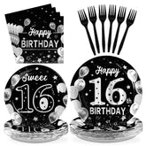 96 Pcs Silver Black 16th Birthday Party Plates and Napkins - Grencian
