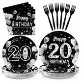 96 Pcs Silver Black 20th Birthday Party Plates and Napkins - Grencian