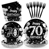96 Pcs Silver Black 70th Birthday Party Plates and Napkins - Grencian