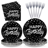 96 Pcs Silver Dots on Black Birthday Party Plates and Napkins - Grencian