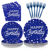 96 Pcs Silver Dots on Blue Birthday Party Plates and Napkins - Grencian