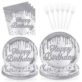 96 Pcs Silver Glitter Birthday Party Plates and Napkins - Grencian