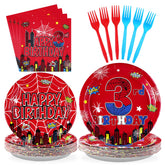 96 Pcs Spider 3rd Birthday Party Plates and Napkins - Grencian