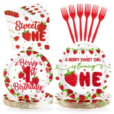 96 Pcs Strawberry 1st Birthday Party Plates and Napkins - Grencian