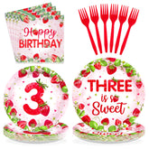 96 Pcs Strawberry 3rd Birthday Party Plates and Napkins - Grencian