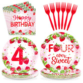 96 Pcs Strawberry 4th Birthday Party Plates and Napkins - Grencian