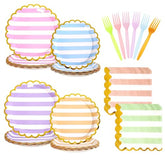 96 Pcs Striped Gold Foil Scalloped Party Plates and Napkins - Grencian