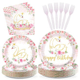 96 Pcs Swan Birthday Party Plates and Napkins - Grencian