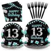 96 Pcs Teal Blue Black 13th Birthday Party Plates and Napkins - Grencian