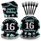 96 Pcs Teal Blue Black 16th Birthday Party Plates and Napkins - Grencian