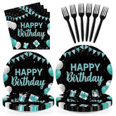 96 Pcs Teal Blue Black Birthday Party Plates and Napkins - Grencian