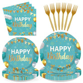 96 Pcs Teal Blue Gold Birthday Party Plates and Napkins - Grencian