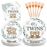 96 Pcs Twin Bear Baby Shower Party Plates and Napkins - Grencian