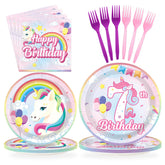 96 Pcs Unicorn 7th Birthday Party Plates and Napkins - Grencian