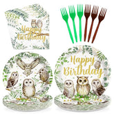 96 Pcs Watercolor Owl Birthday Party Plates and Napkins - Grencian