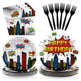 96 Pcs White Comic Hero Party Plates and Napkins - Grencian