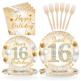 96 Pcs White Gold 16th Birthday Party Plates and Napkins - Grencian
