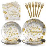 96 Pcs White Gold Engagement Party Plates and Napkins - Grencian