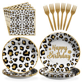 96 Pcs White Leopard Birthday Party Plates and Napkins - Grencian