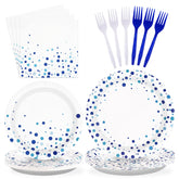 96 Pcs White and Blue Party Plates and Napkins - Grencian