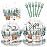 96 Pcs Winter Animal 1st Birthday Party Plates and Napkins - Grencian
