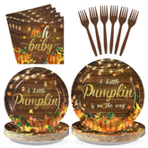 96 Pcs Wooden Pumpkin Baby Shower Party Plates and Napkins - Grencian