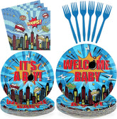 96 Pcs Superhero Hero Baby Shower Plates & Napkins Set - Serves 24 image 1