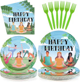 96 Pcs Yoga Happy Birthday Plates & Napkins Set - Serves 24 image 1