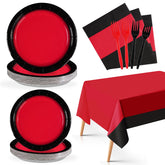98 Pcs Red and Black Party Plates Napkins Tablecloths - Grencian