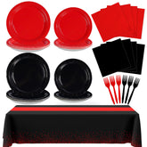 98 Pcs Red Black Party Plates Napkins Tablecloths - Grencian