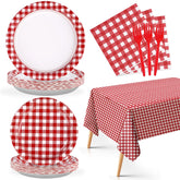 98 Pcs Red and White Gingham Party Plates Napkins Tablecloths - Grencian