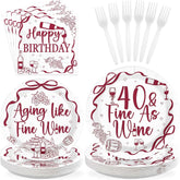96 Pcs Red Wine 40th Birthday Party Plates and Napkins - Grencian