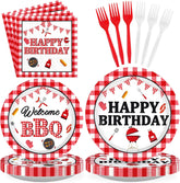 BBQ Red Gingham Birthday Plates & Napkins Set - 96 Pcs - Grencian